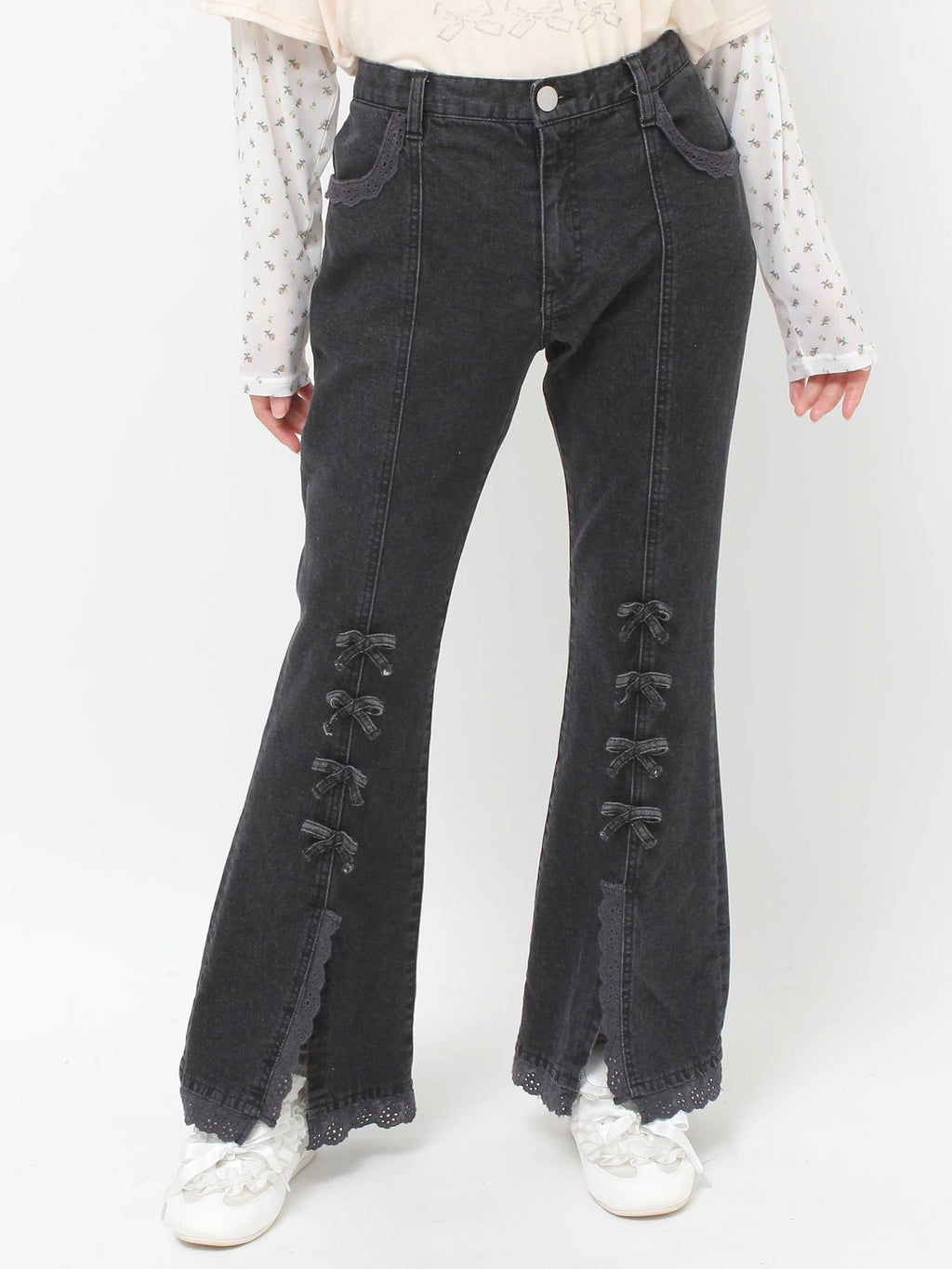 merry jenny｜ribbon slim flare denim pants