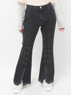 merry jenny｜ribbon slim flare denim pants
