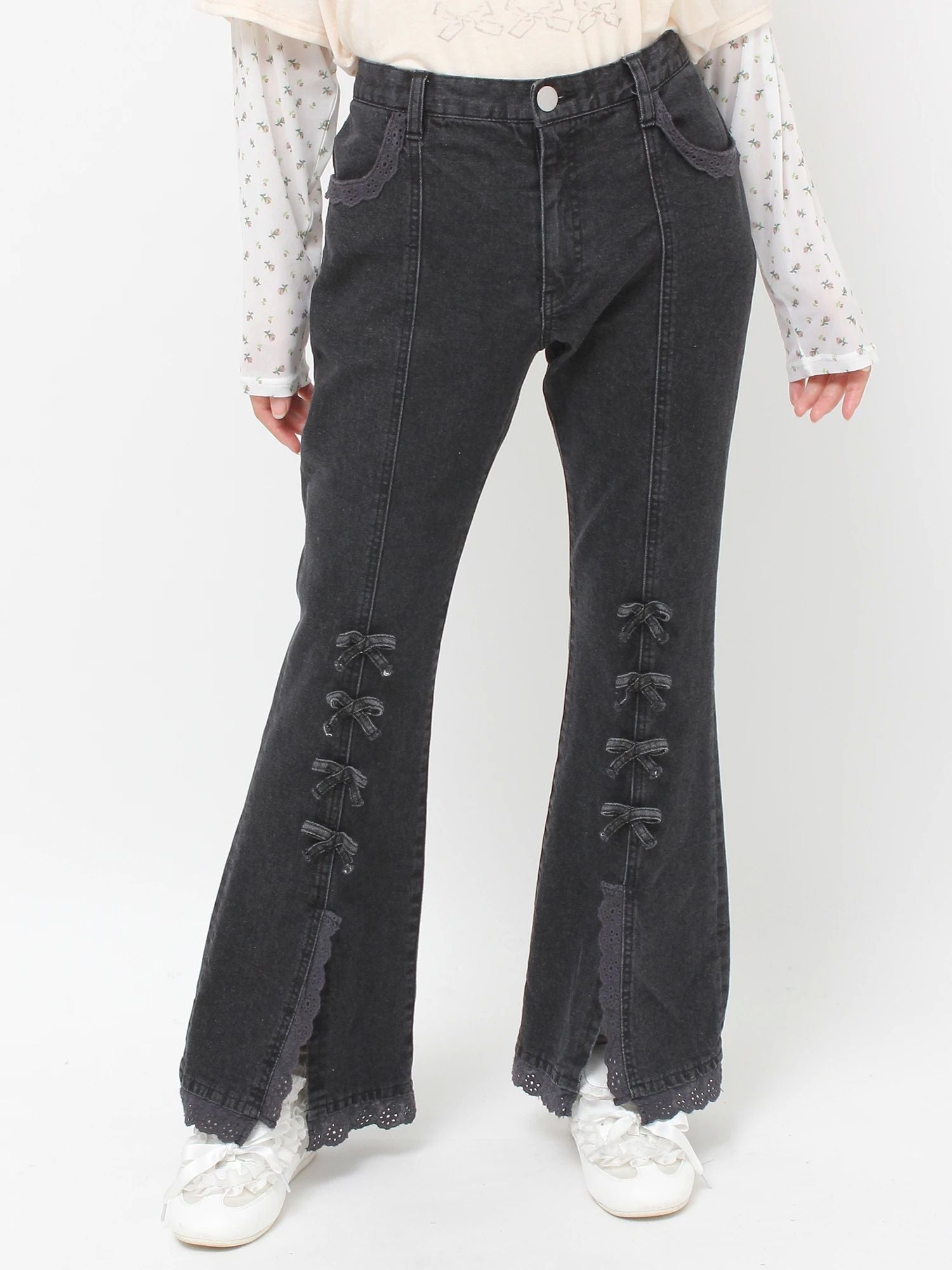 merry jenny｜ribbon slim flare denim pants