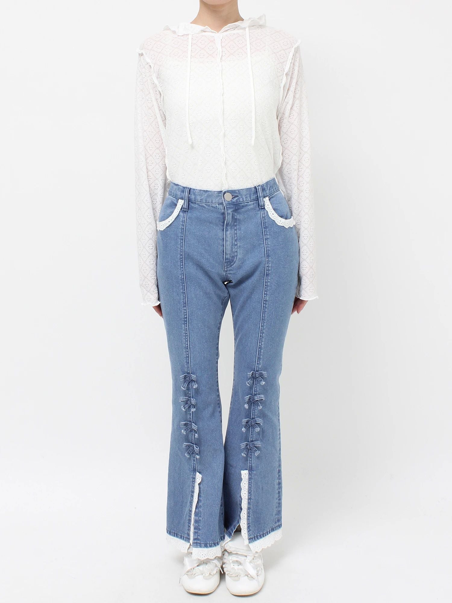merry jenny｜ribbon slim flare denim pants