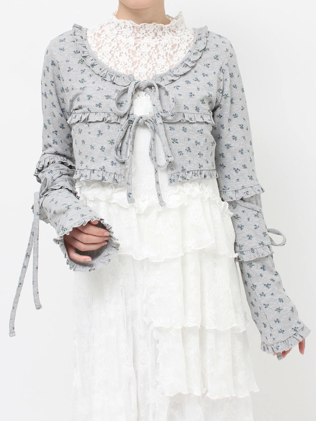 merry jenny｜Floral frill ribbed bolero