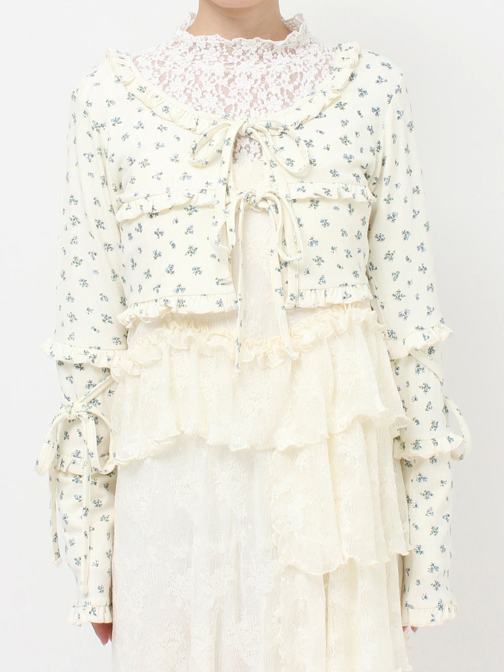 merry jenny｜Floral frill ribbed bolero
