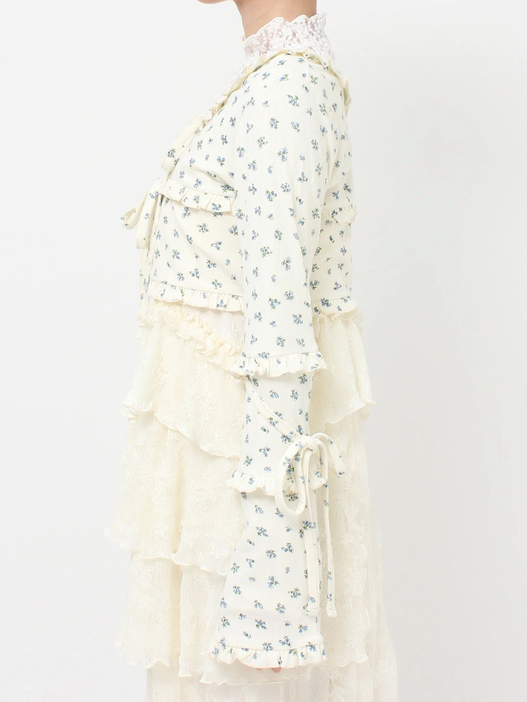 merry jenny｜Floral frill ribbed bolero
