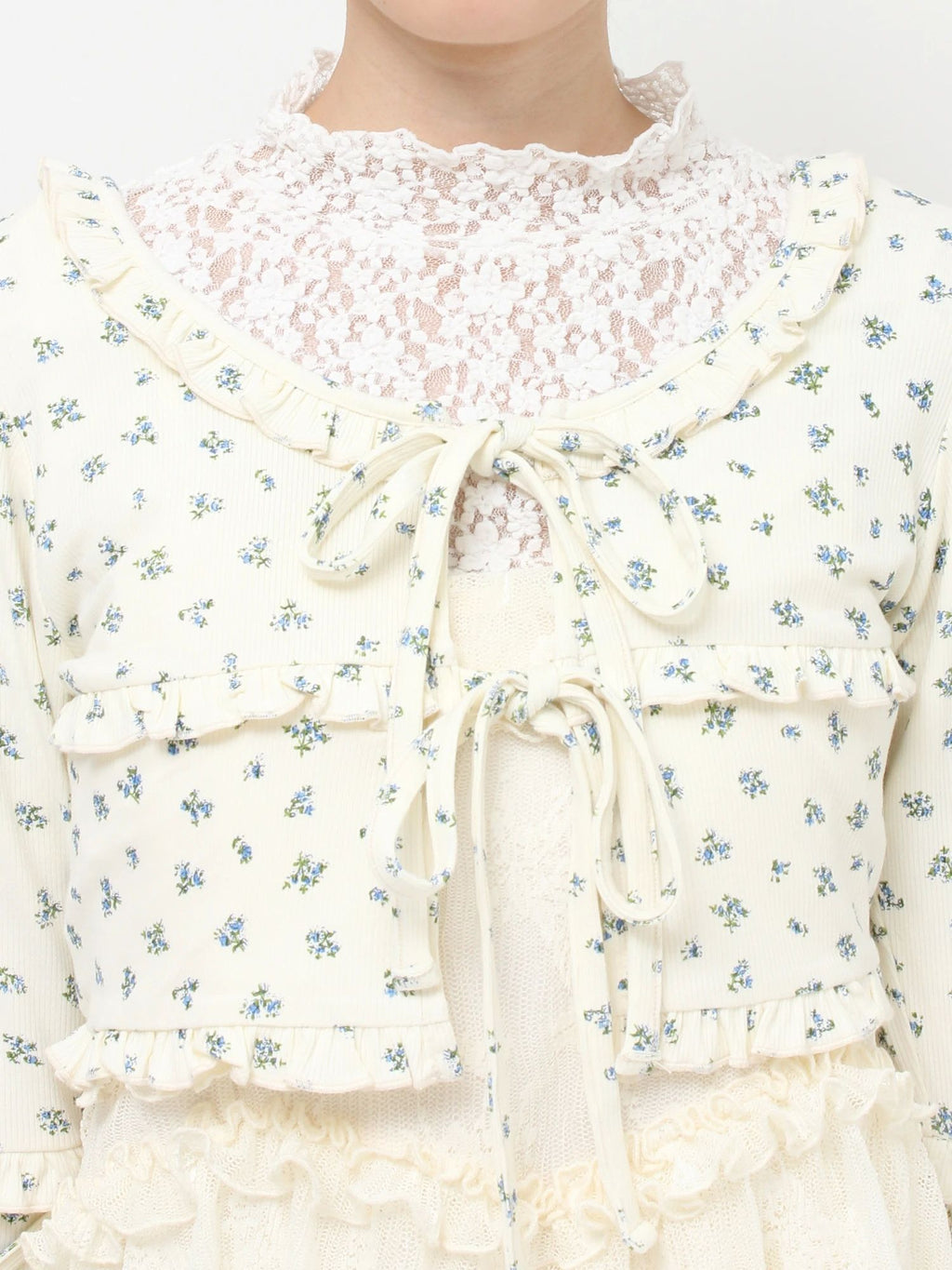 merry jenny｜Floral frill ribbed bolero