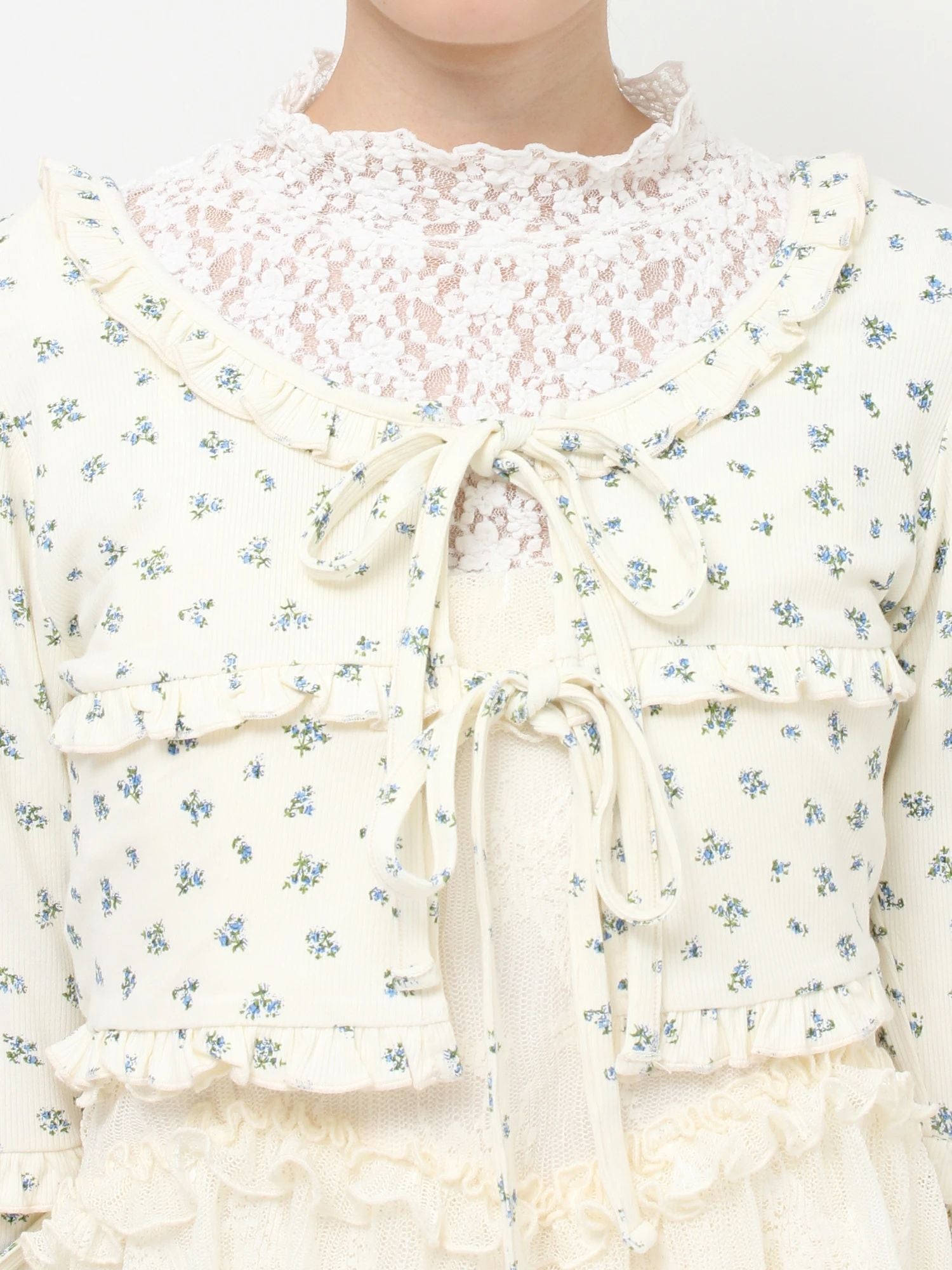 merry jenny｜Floral frill ribbed bolero