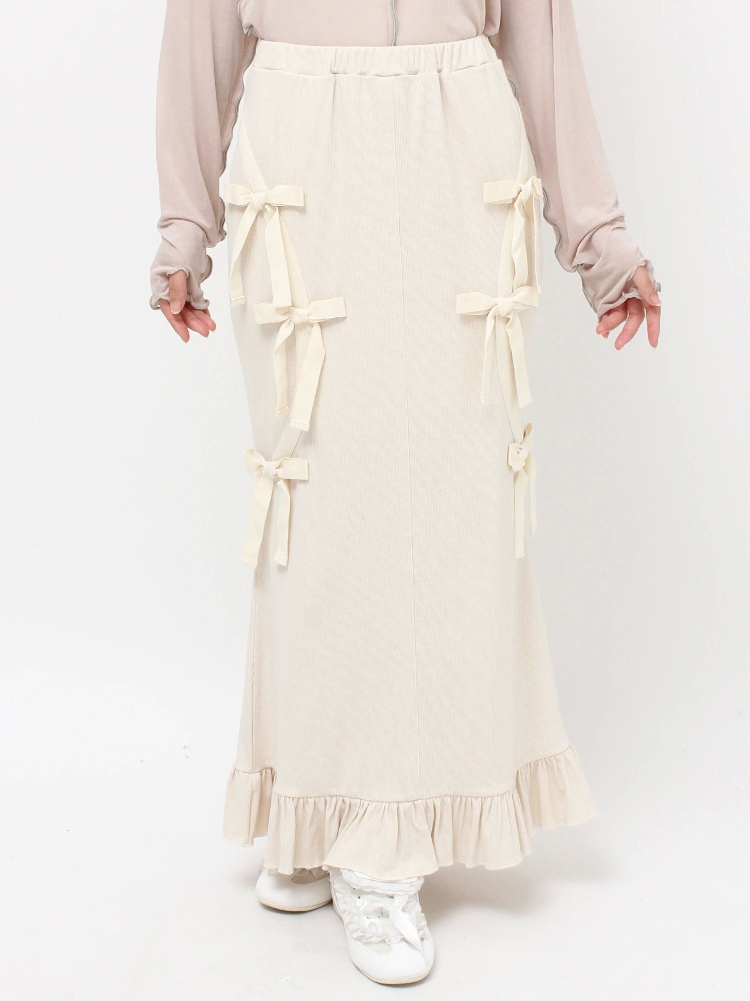 merry jenny｜Ribbon Ribbon Rib Long Skirt