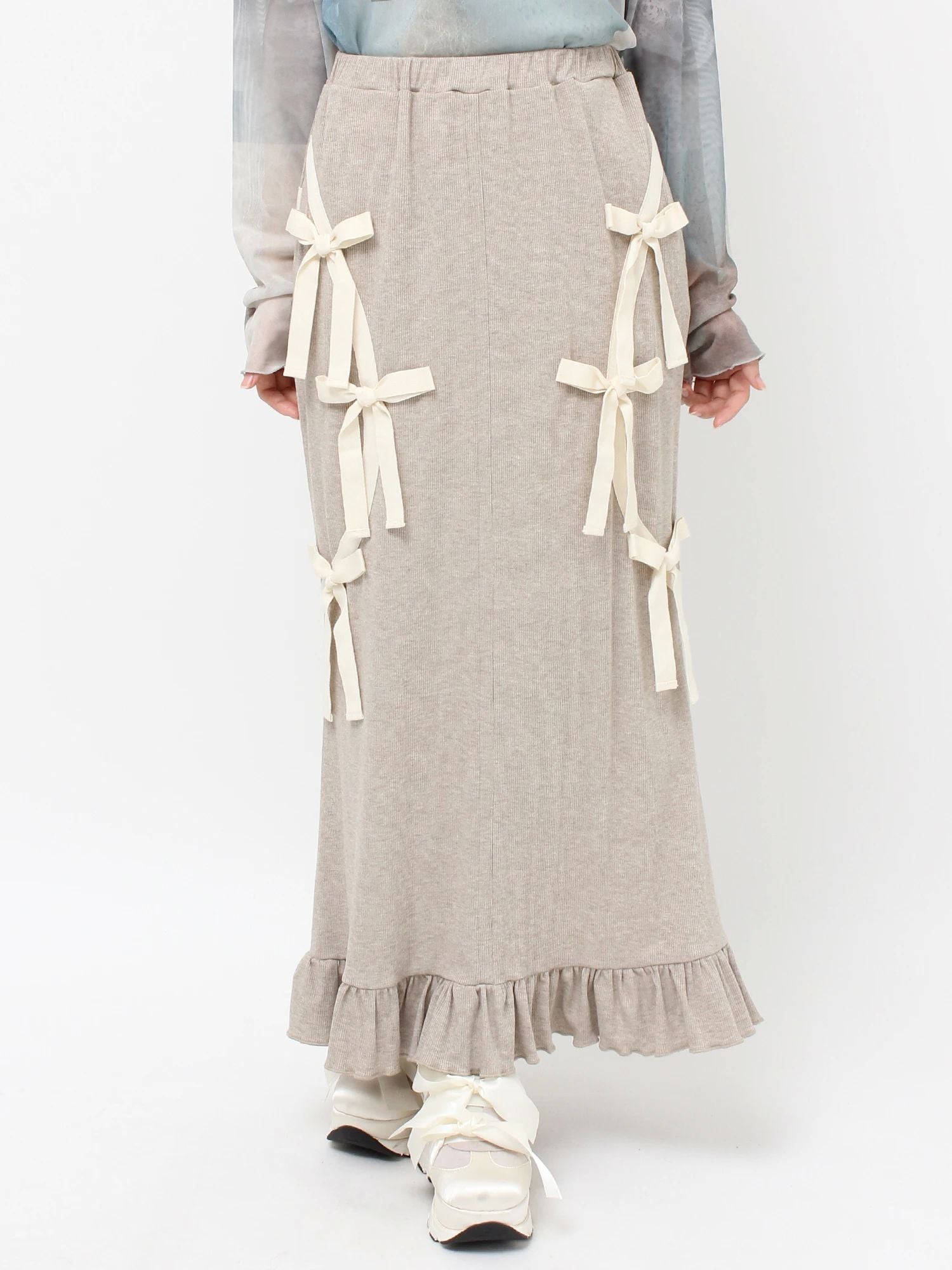 merry jenny｜Ribbon Ribbon Rib Long Skirt