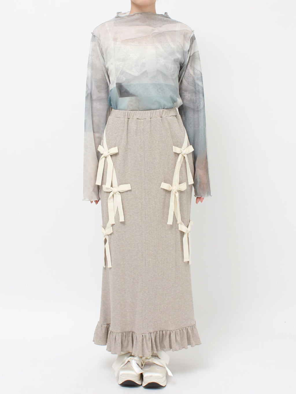 merry jenny｜Ribbon Ribbon Rib Long Skirt