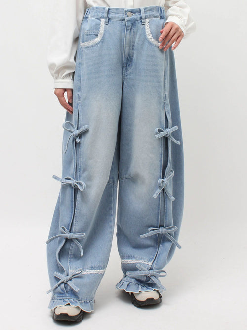 merry jenny｜Barrel Leg Ribbon Denim Pants