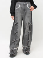 merry jenny｜Barrel Leg Ribbon Denim Pants