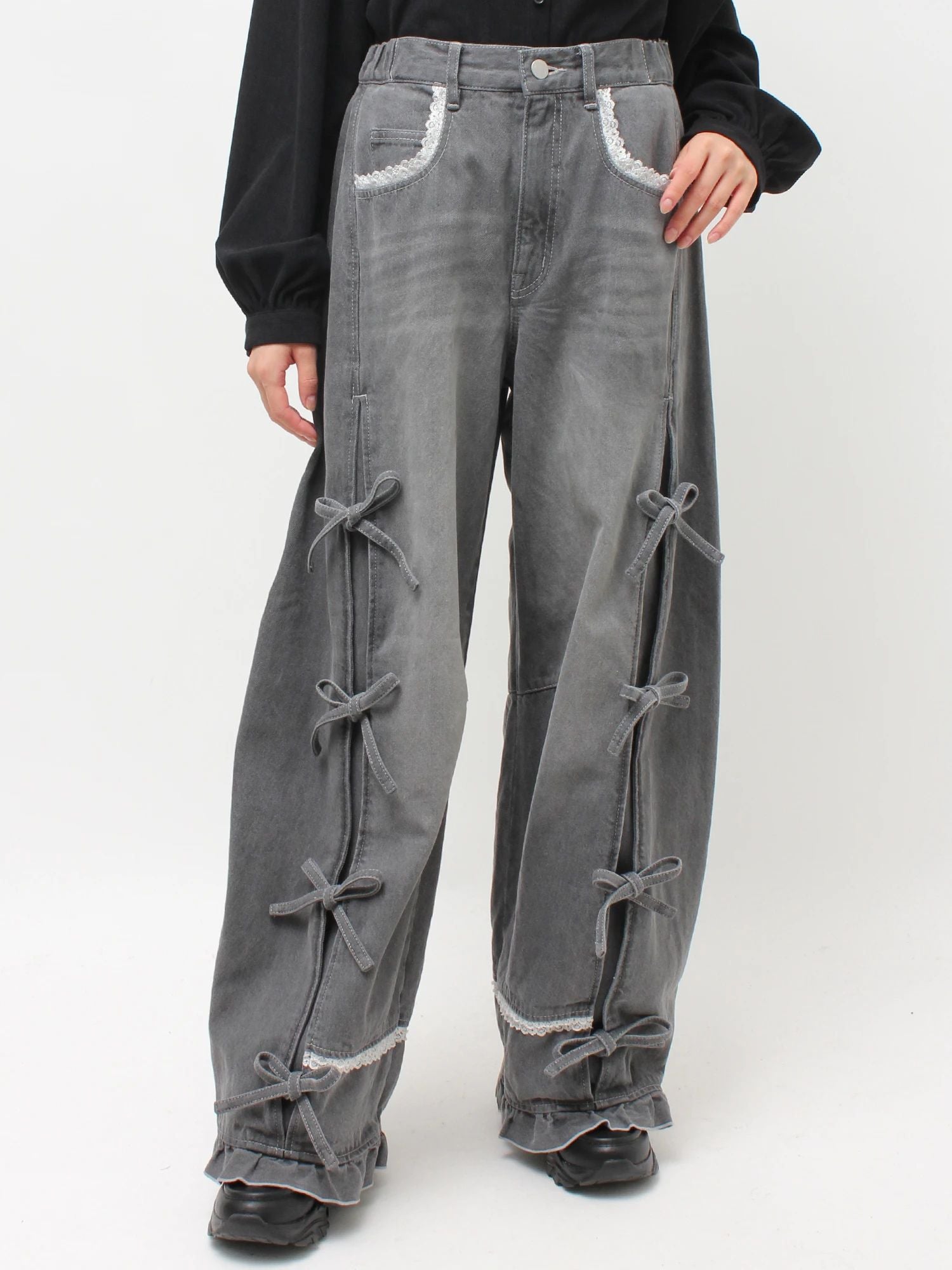 merry jenny｜Barrel Leg Ribbon Denim Pants