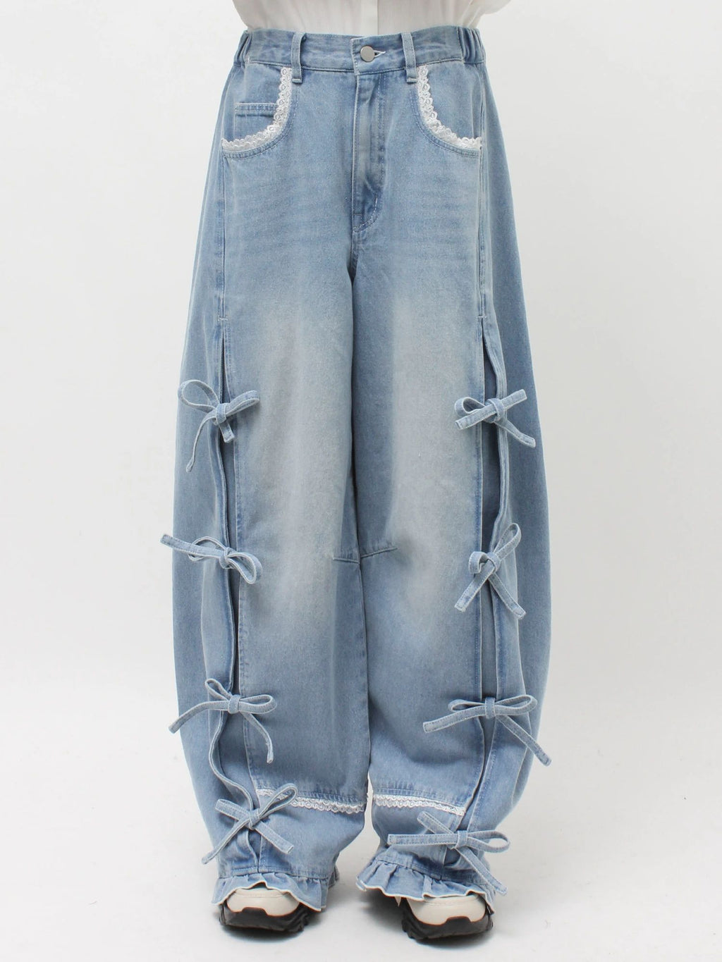 merry jenny｜Barrel Leg Ribbon Denim Pants