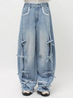 merry jenny｜Barrel Leg Ribbon Denim Pants