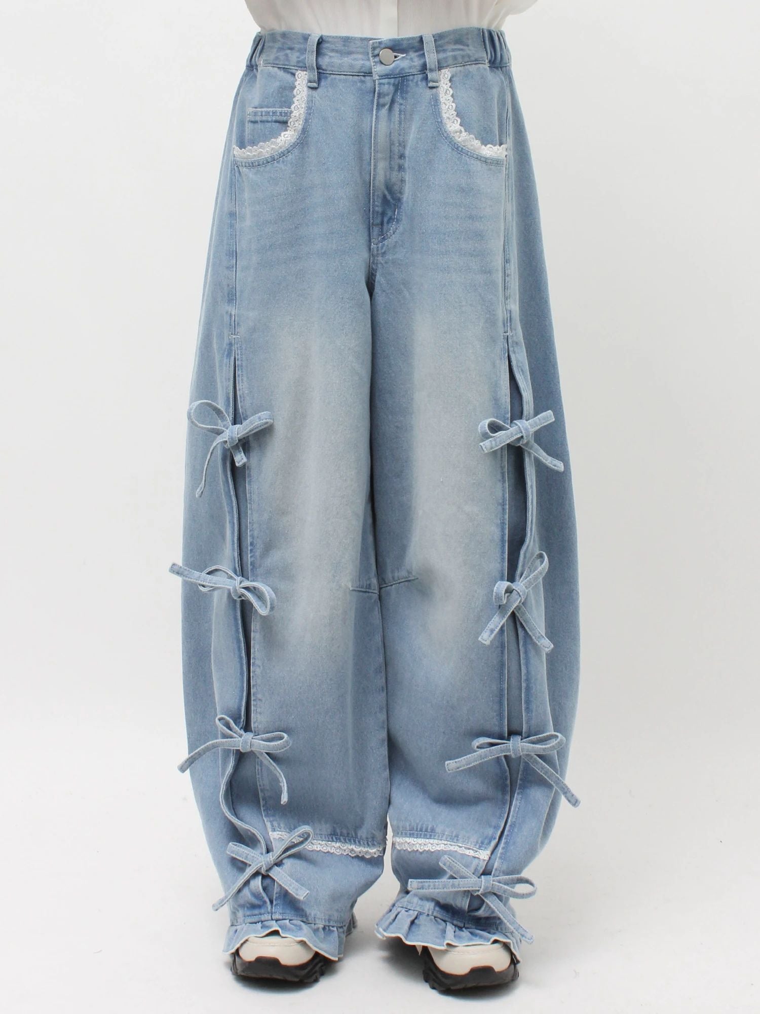 merry jenny｜Barrel Leg Ribbon Denim Pants