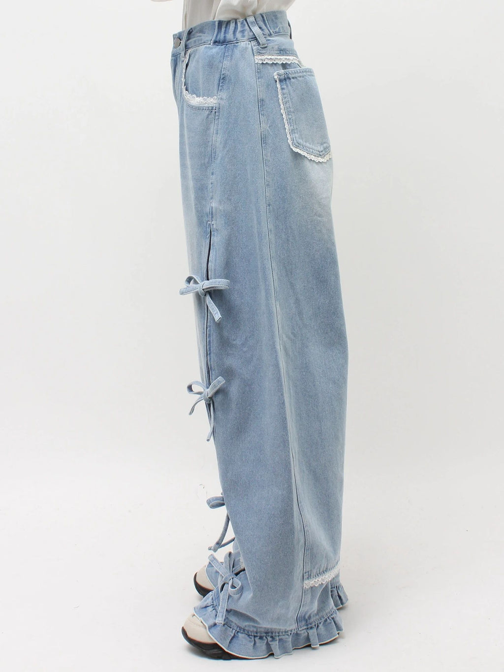 merry jenny｜Barrel Leg Ribbon Denim Pants