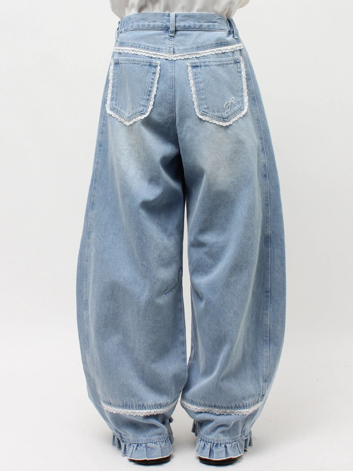merry jenny｜Barrel Leg Ribbon Denim Pants