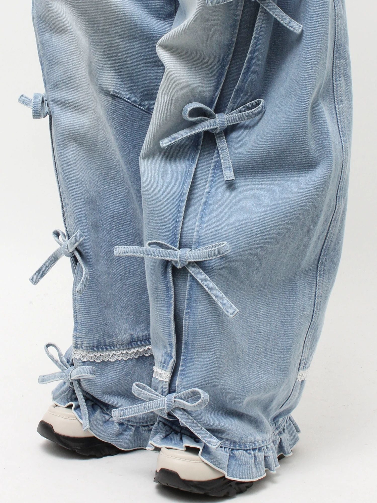 merry jenny｜Barrel Leg Ribbon Denim Pants