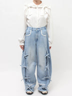 merry jenny｜Barrel Leg Ribbon Denim Pants
