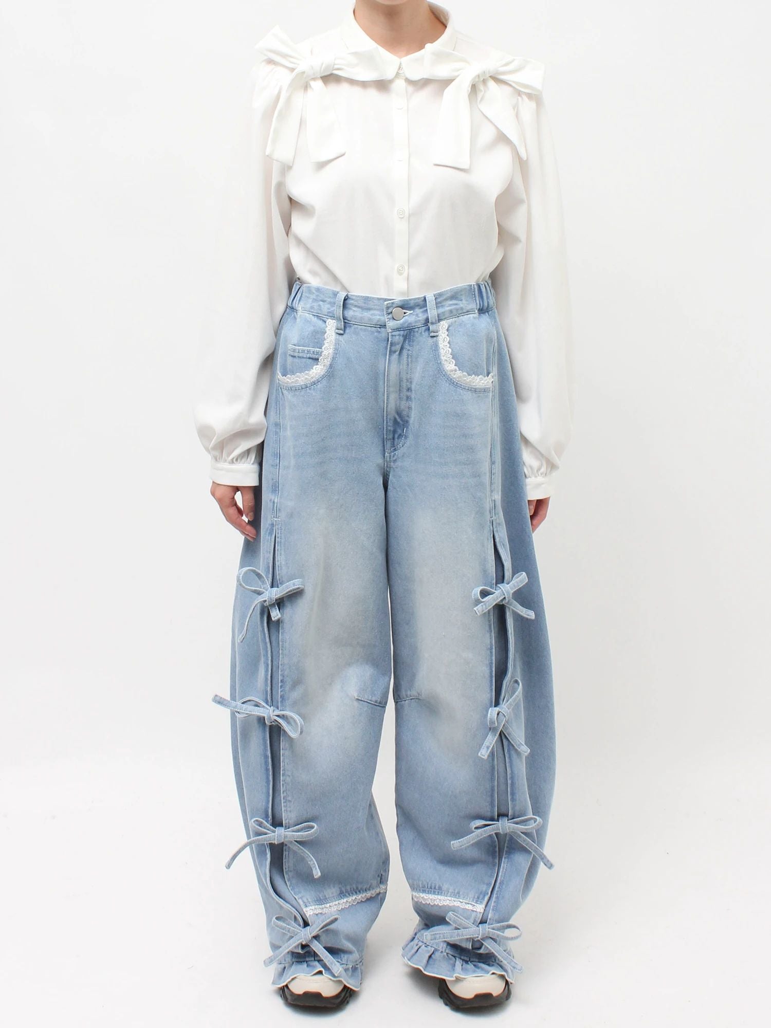 merry jenny｜Barrel Leg Ribbon Denim Pants