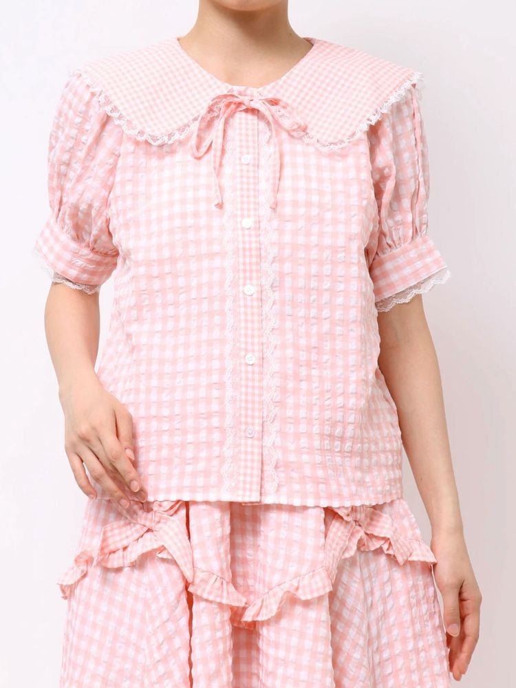 merry jenny｜Gingham puff sleeve blouse