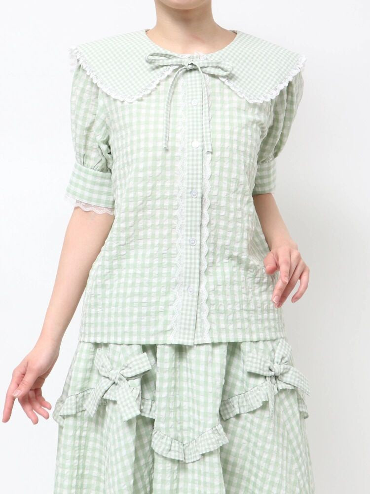 merry jenny｜Gingham puff sleeve blouse