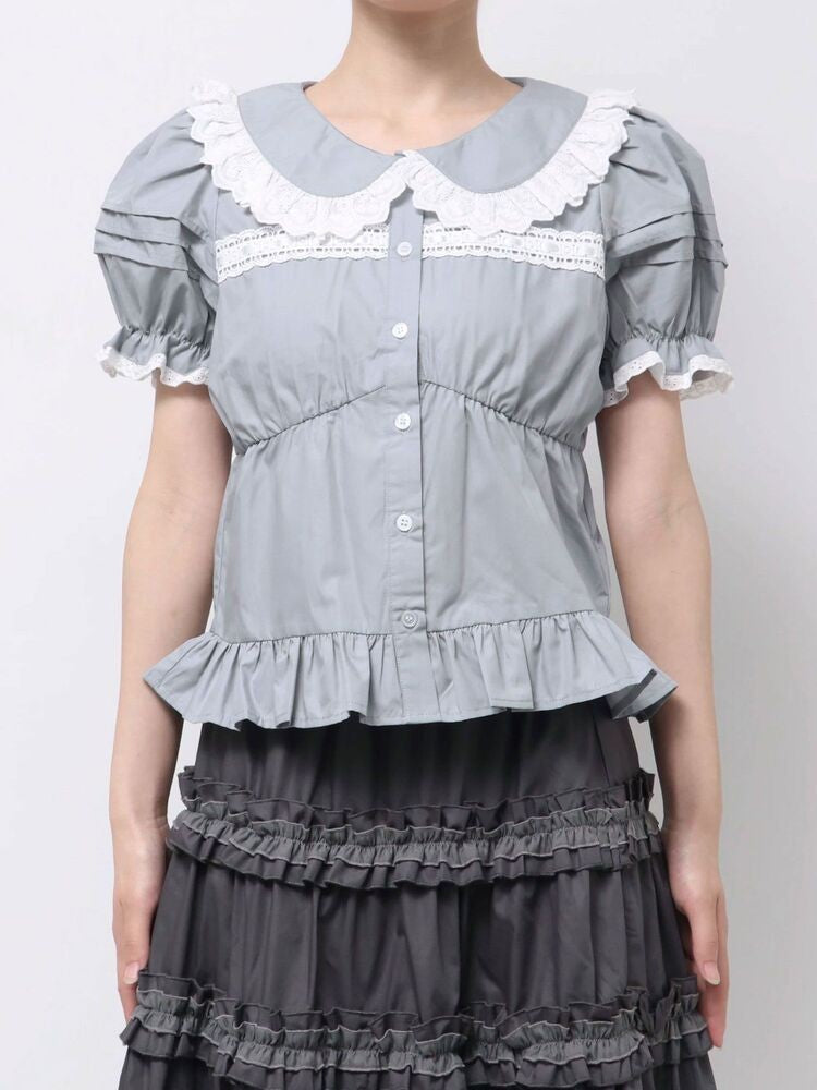 merry jenny｜Ruffled-Collar Puff-Sleeve Blouse