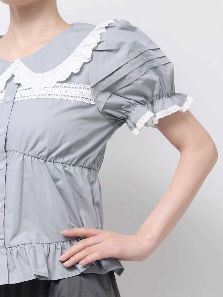 merry jenny｜Ruffled-Collar Puff-Sleeve Blouse