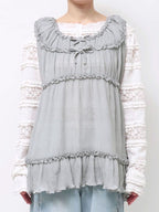 merry jenny｜Sheer Gathered Tunic with Ribbon Detail