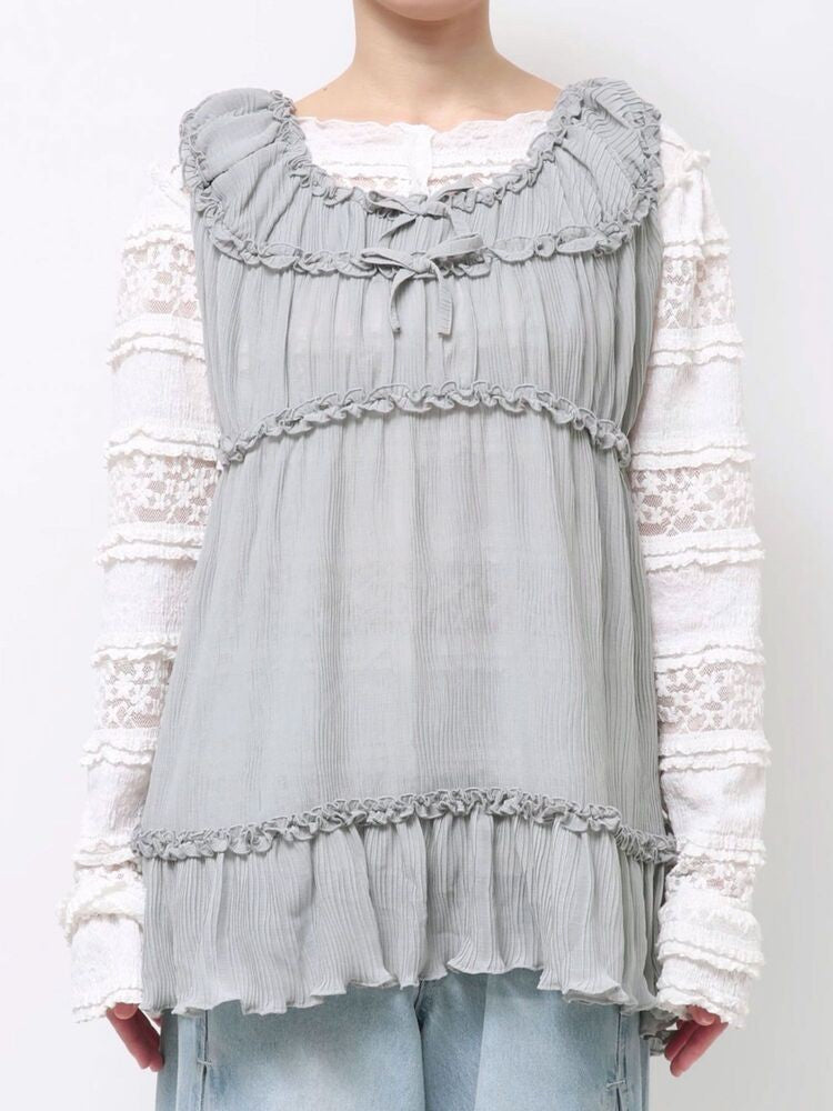 merry jenny｜Sheer Gathered Tunic with Ribbon Detail