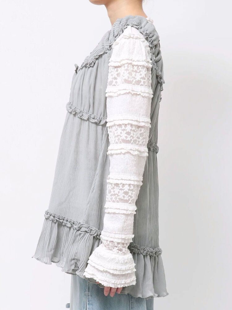 merry jenny｜Sheer Gathered Tunic with Ribbon Detail