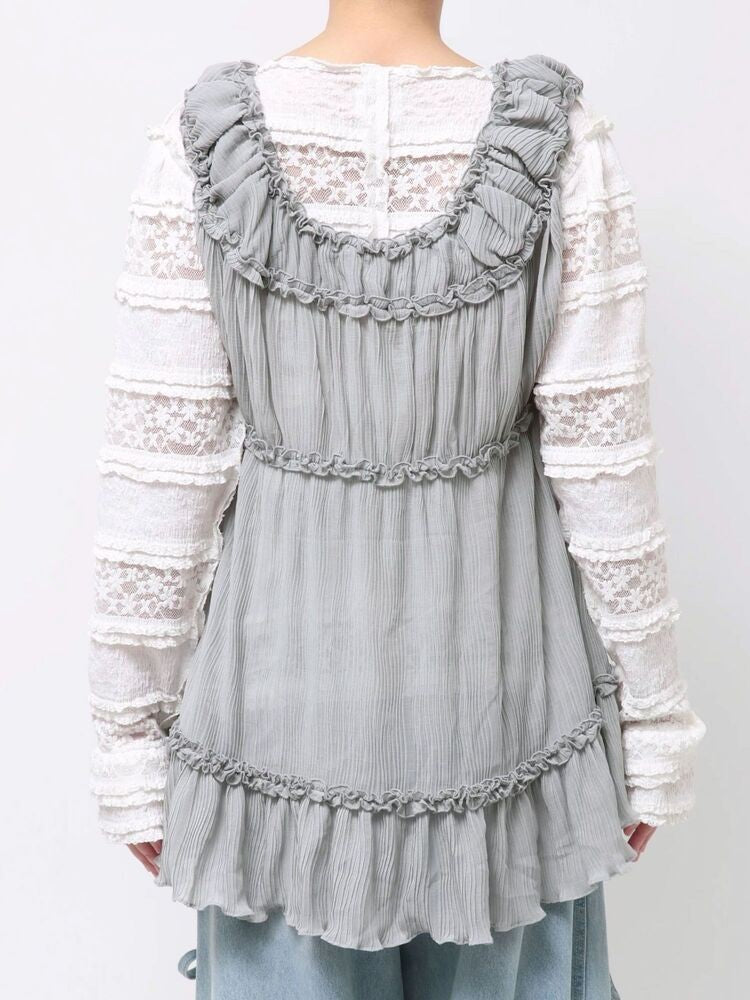 merry jenny｜Sheer Gathered Tunic with Ribbon Detail