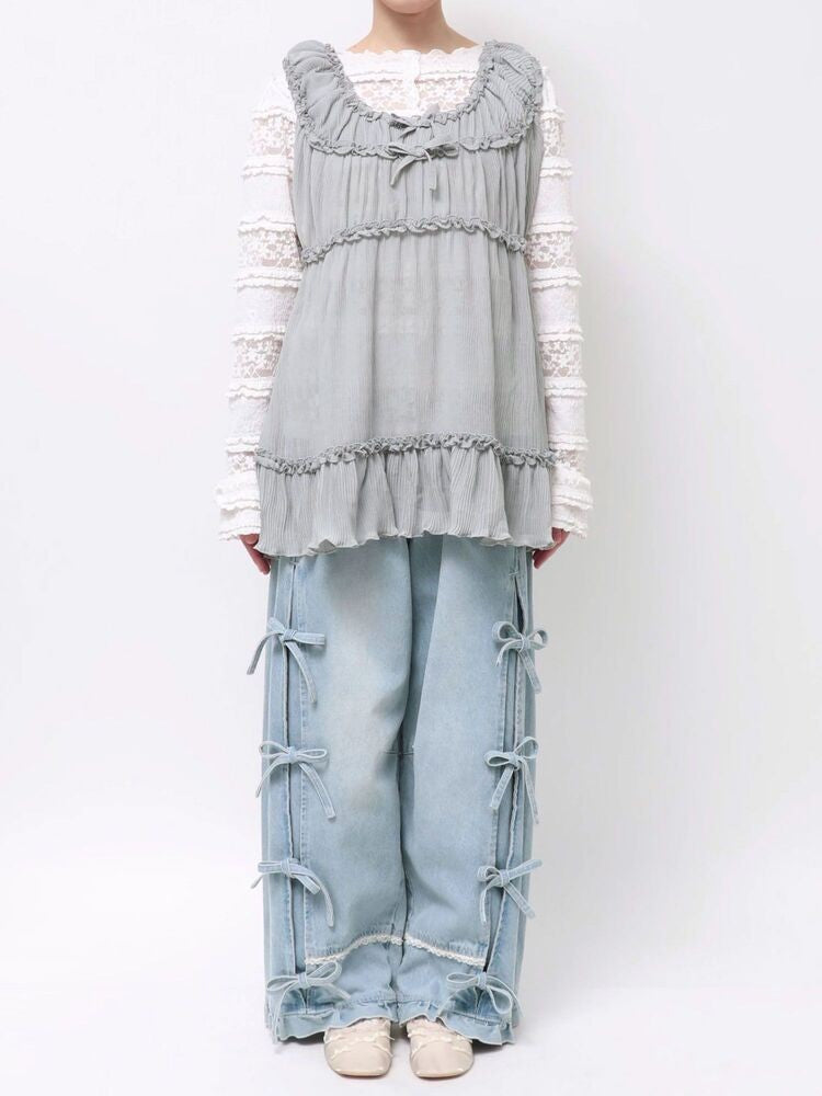 merry jenny｜Sheer Gathered Tunic with Ribbon Detail