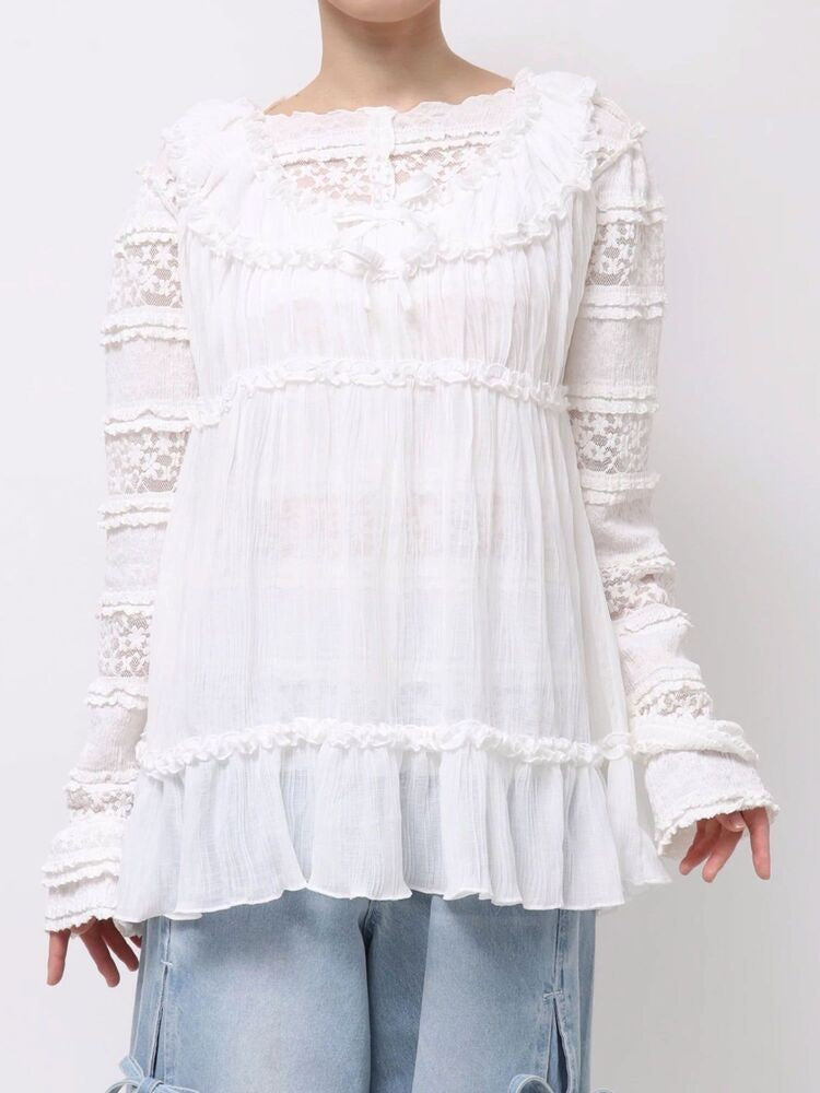 merry jenny｜Sheer Gathered Tunic with Ribbon Detail