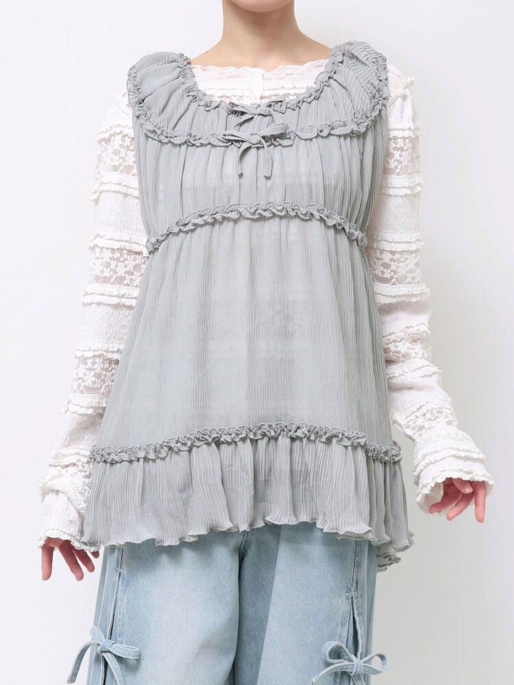 merry jenny｜Sheer Gathered Tunic with Ribbon Detail