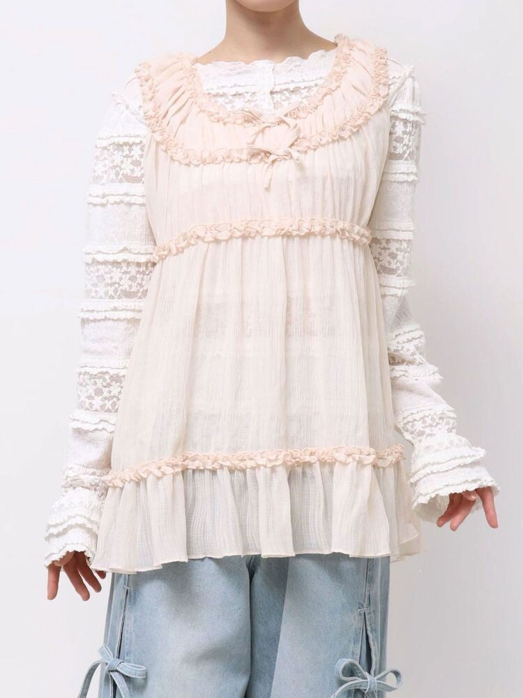 merry jenny｜Sheer Gathered Tunic with Ribbon Detail