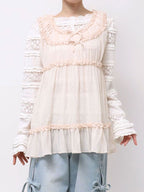 merry jenny｜Sheer Gathered Tunic with Ribbon Detail