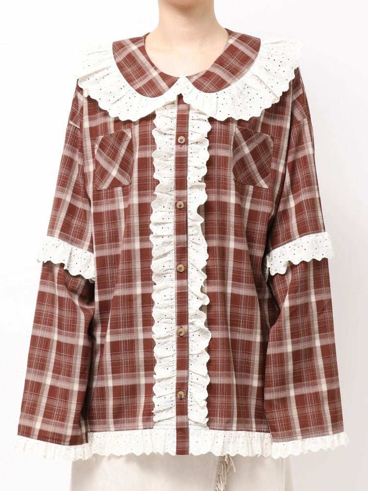 merry jenny｜Plaid Decorative Lace Shirt