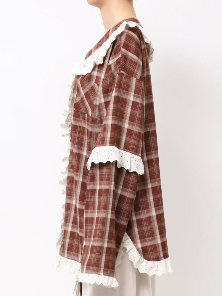 merry jenny｜Plaid Decorative Lace Shirt