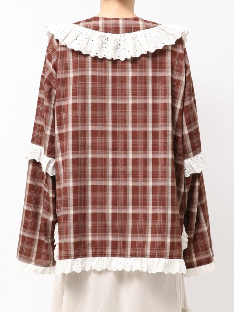 merry jenny｜Plaid Decorative Lace Shirt