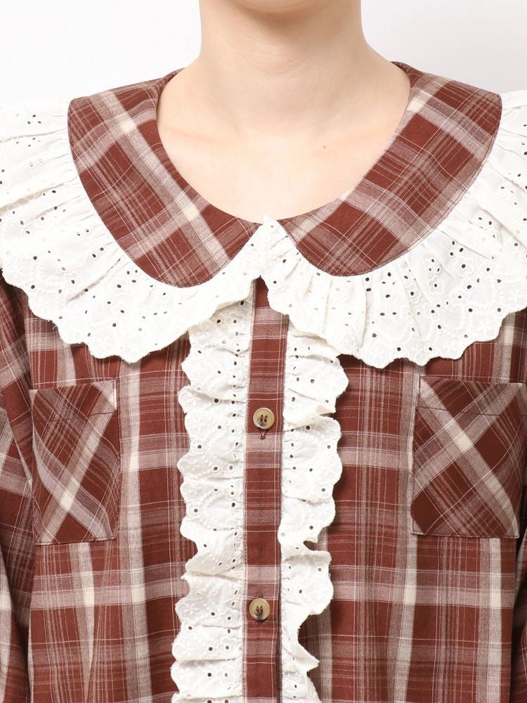 merry jenny｜Plaid Decorative Lace Shirt