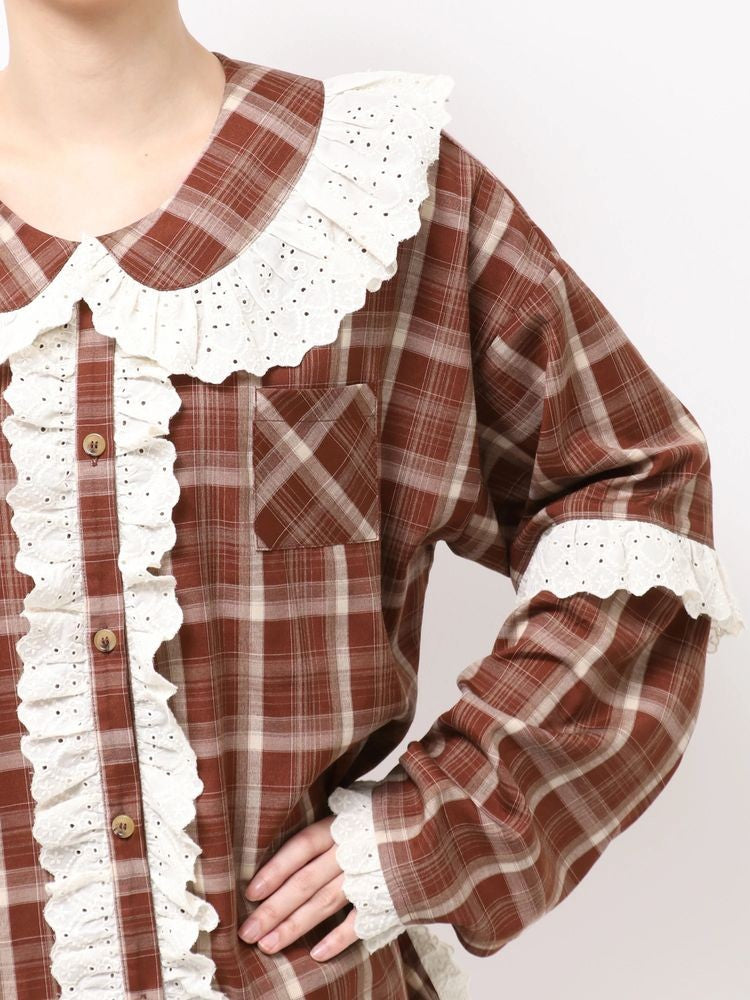 merry jenny｜Plaid Decorative Lace Shirt