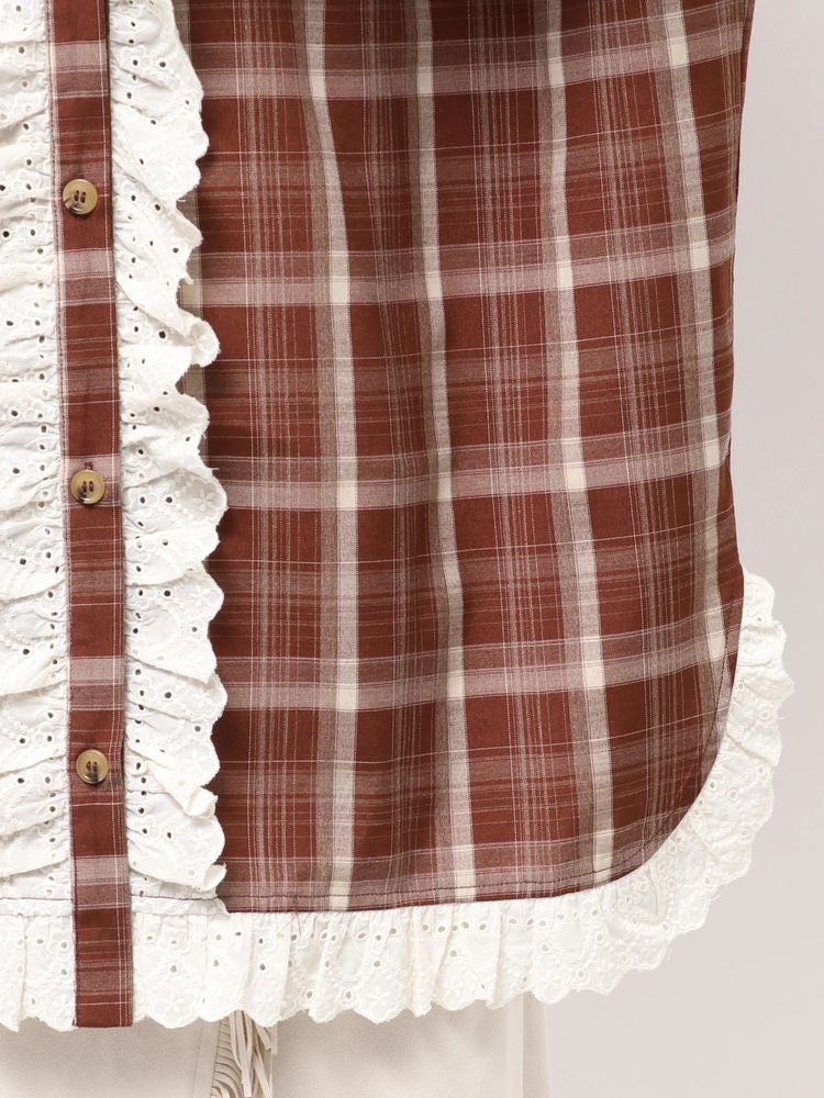 merry jenny｜Plaid Decorative Lace Shirt