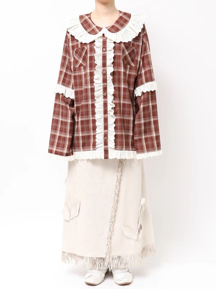 merry jenny｜Plaid Decorative Lace Shirt
