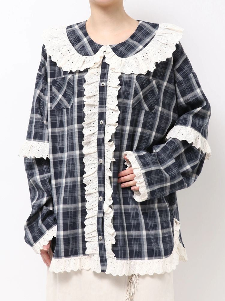 merry jenny｜Plaid Decorative Lace Shirt