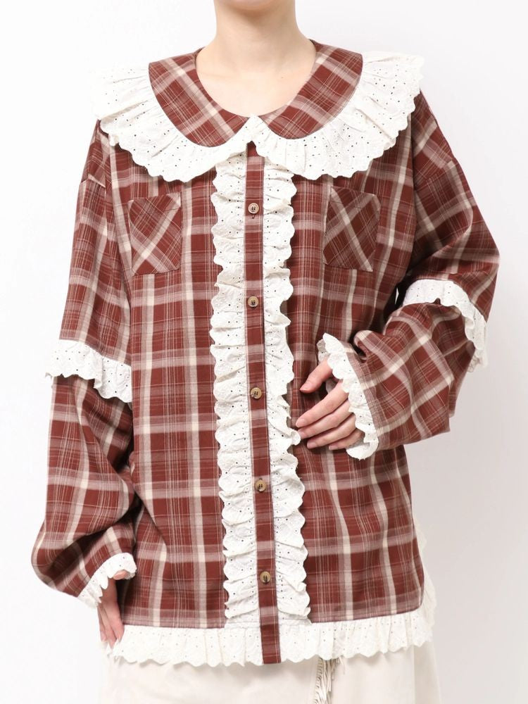merry jenny｜Plaid Decorative Lace Shirt