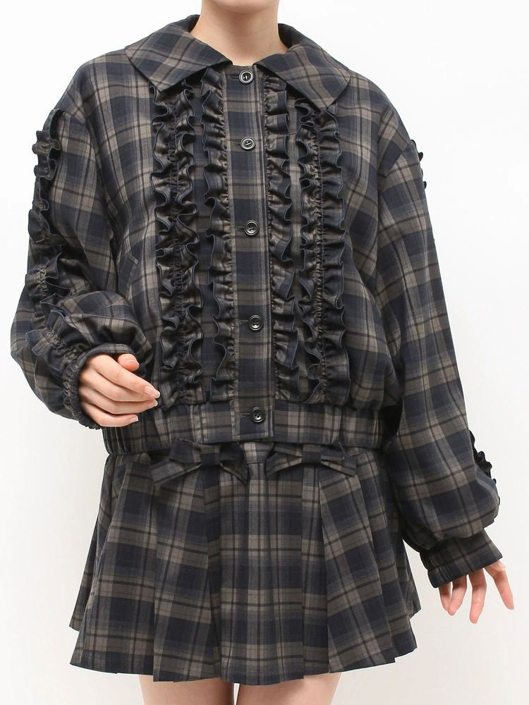 merry jenny｜Plaid Collar Frill Blouson