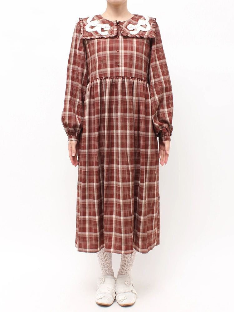 merry jenny｜Ribbon Frill Collar Plaid Dress
