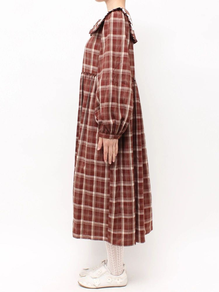 merry jenny｜Ribbon Frill Collar Plaid Dress