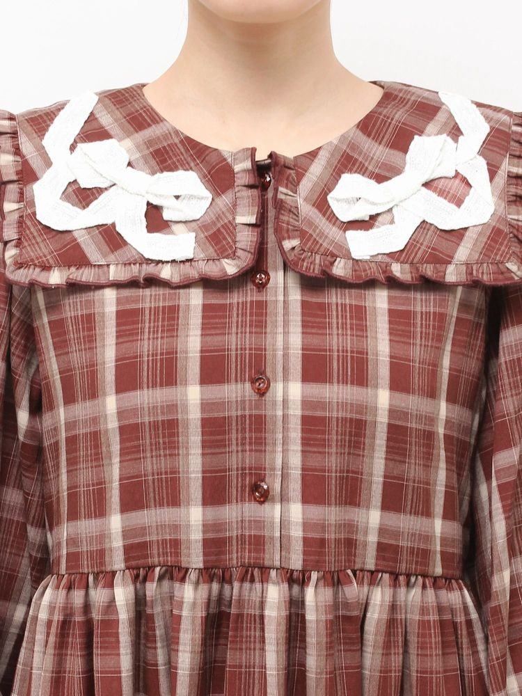merry jenny｜Ribbon Frill Collar Plaid Dress