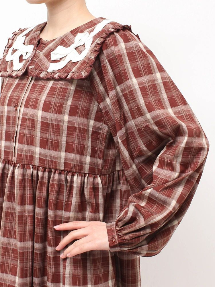 merry jenny｜Ribbon Frill Collar Plaid Dress